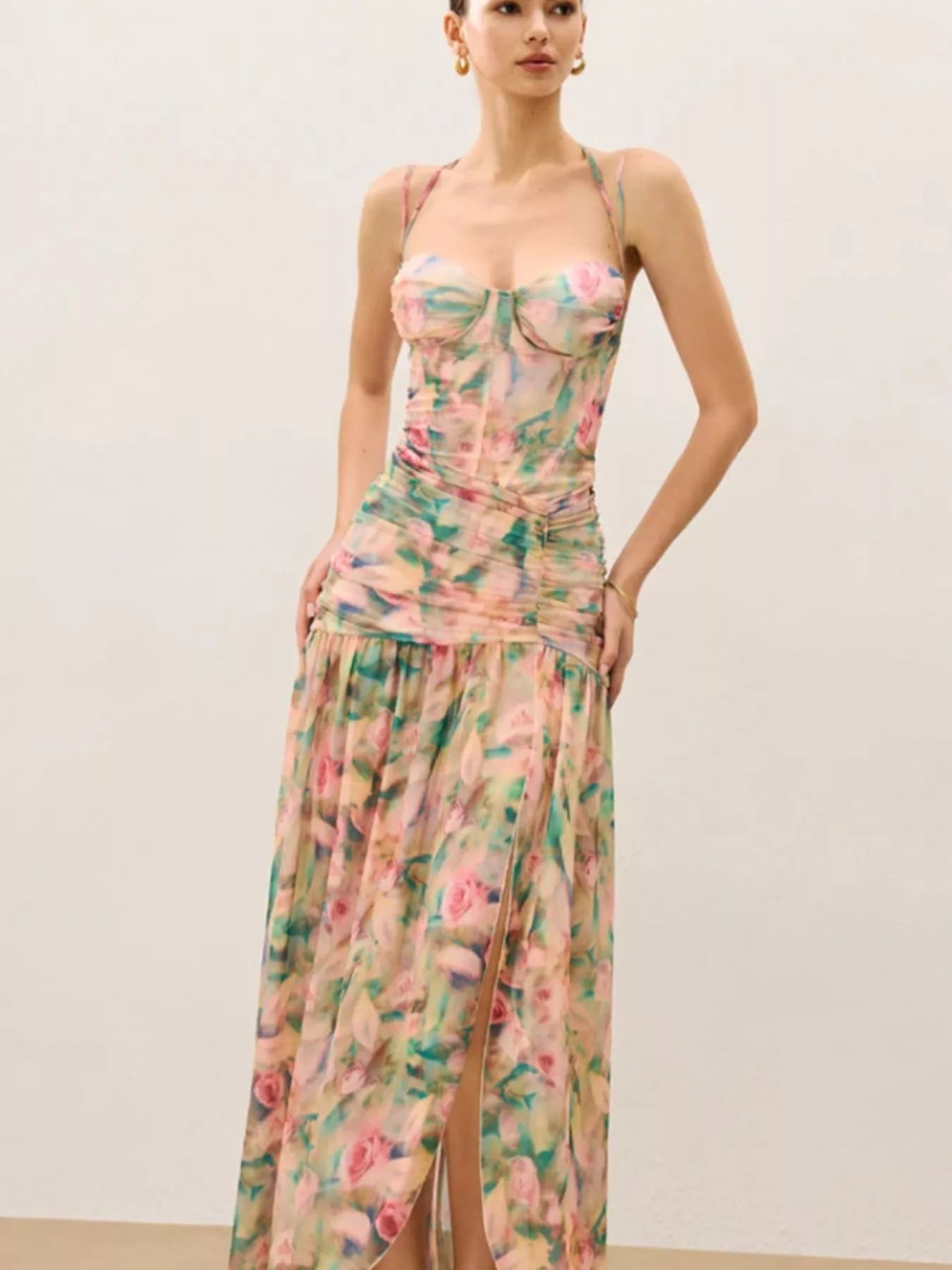 Ruched Mesh Slit Maxi Dress