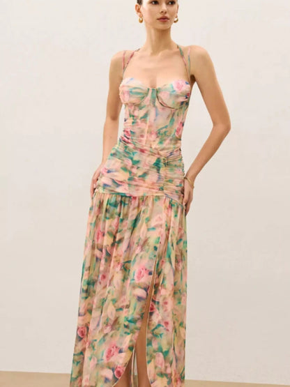Ruched Mesh Slit Maxi Dress