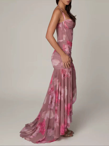 Ruched Mesh Slit Maxi Dress