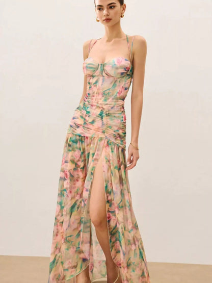 Ruched Mesh Slit Maxi Dress