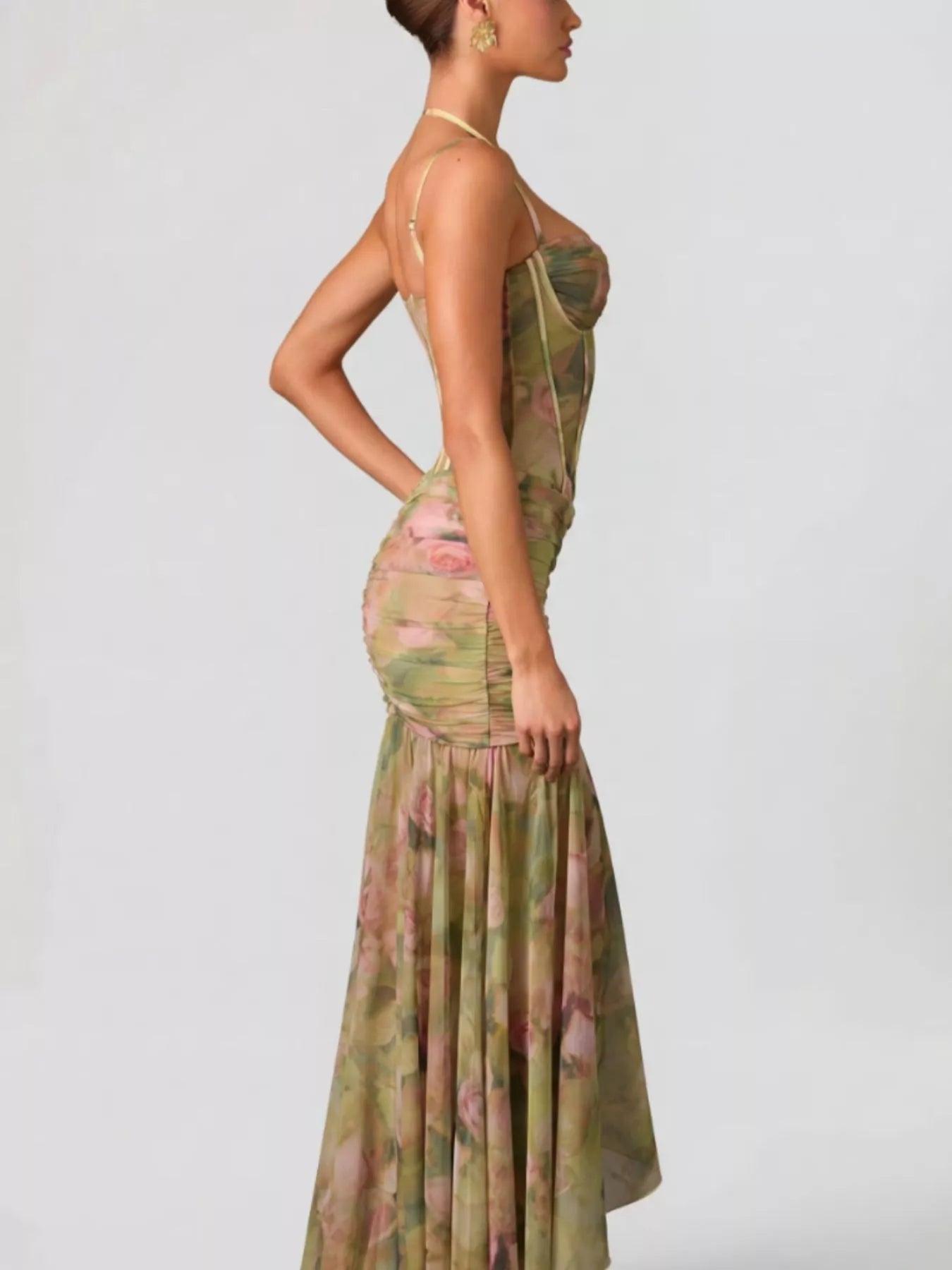 Ruched Mesh Slit Maxi Dress