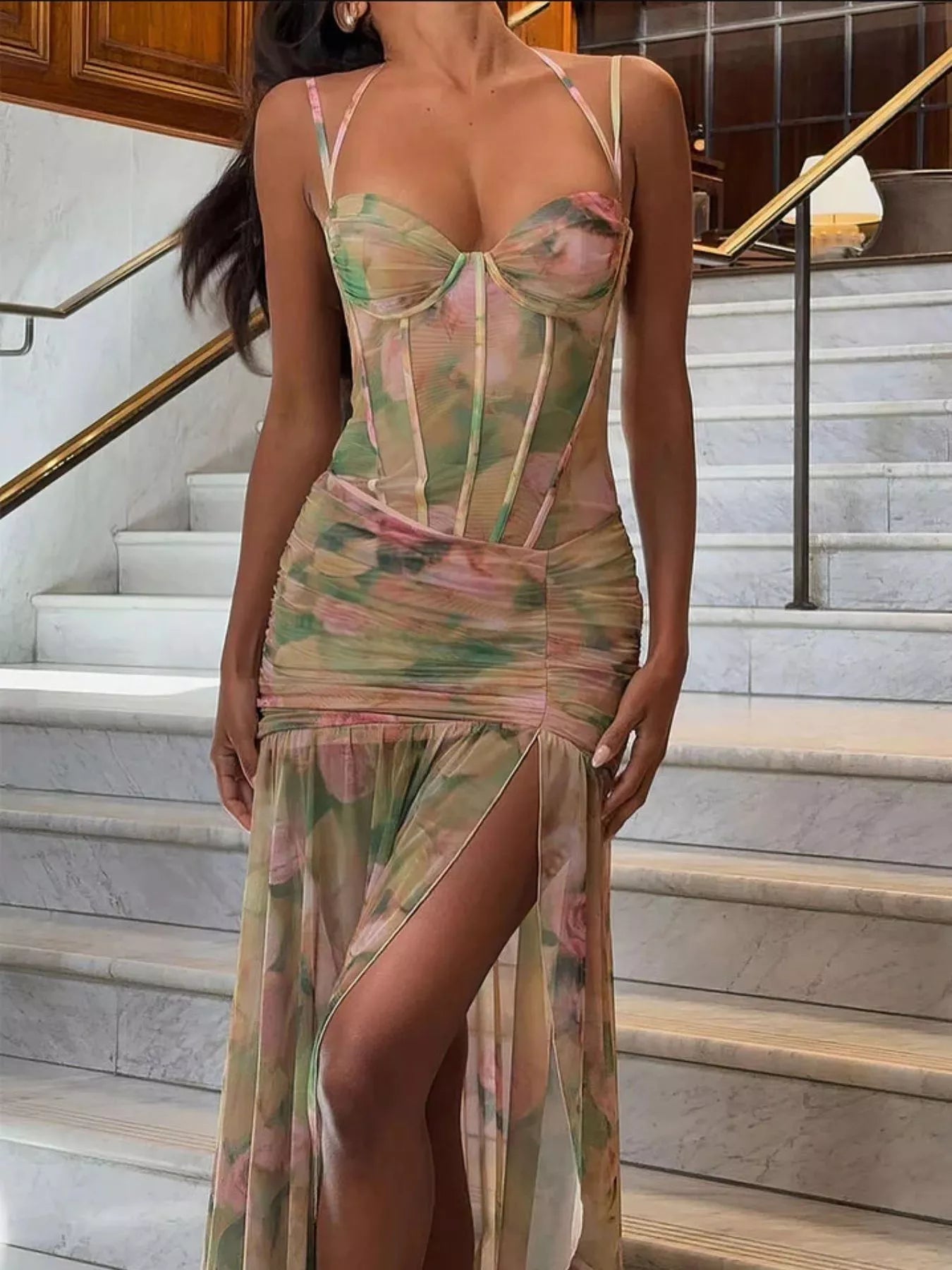 Ruched Mesh Slit Maxi Dress