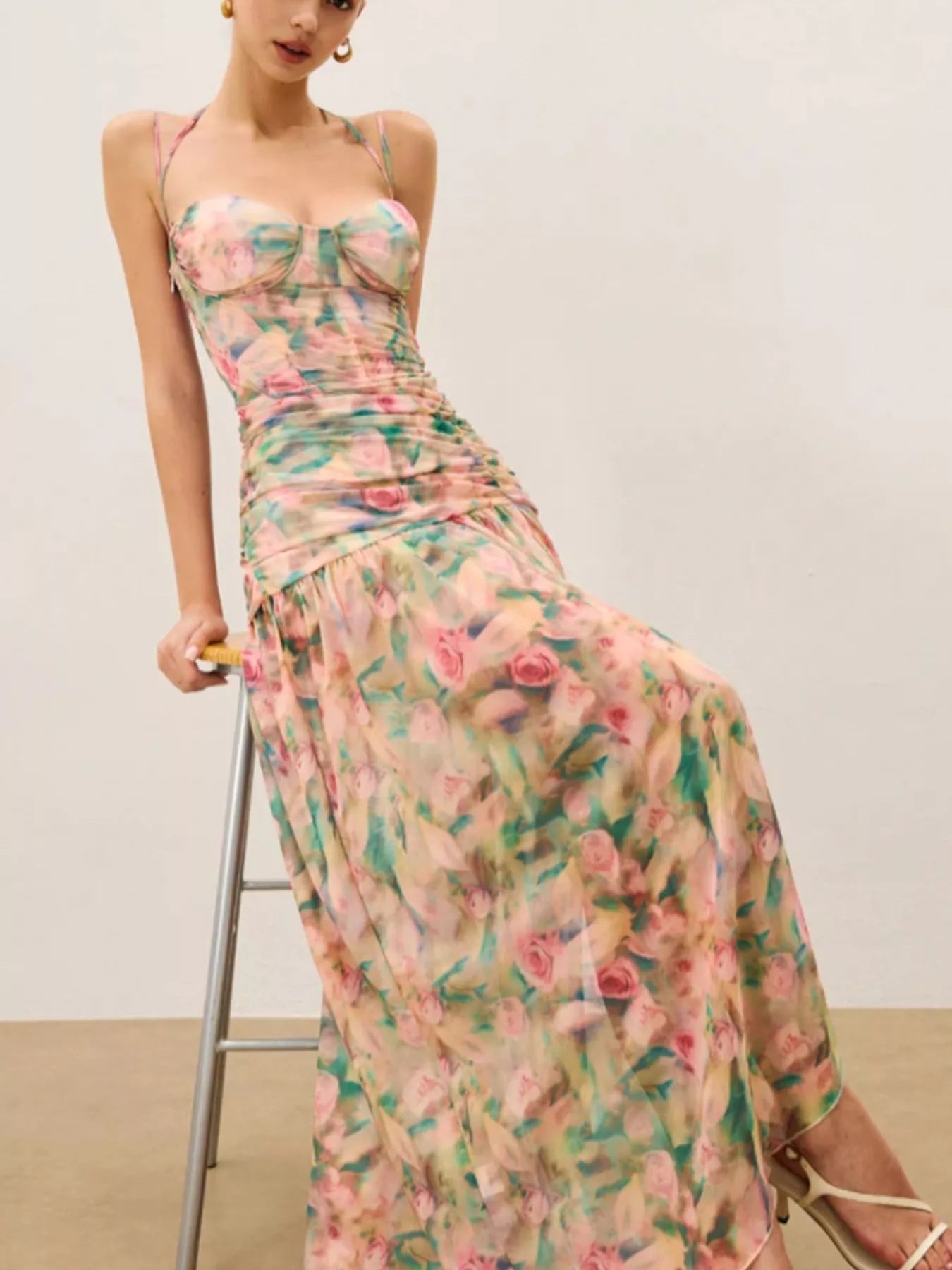 Ruched Mesh Slit Maxi Dress