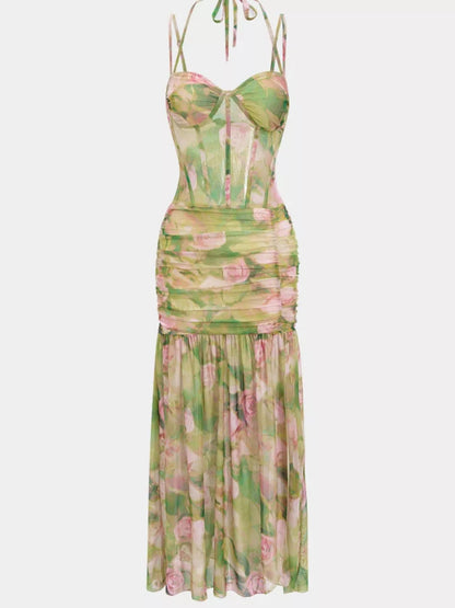 Ruched Mesh Slit Maxi Dress