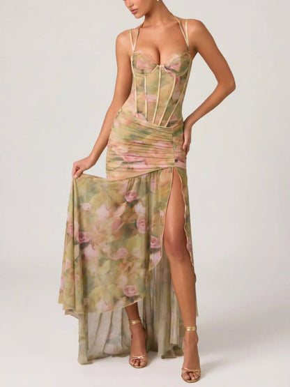 Ruched Mesh Slit Maxi Dress