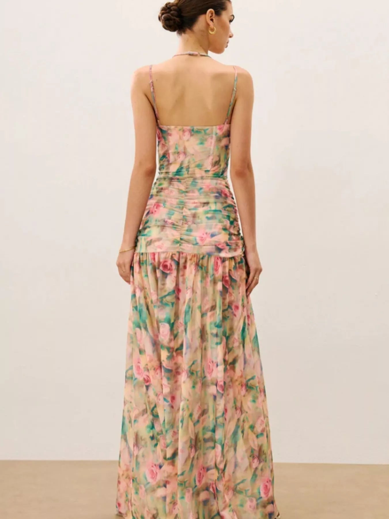 Ruched Mesh Slit Maxi Dress