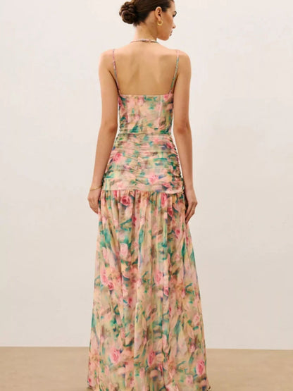 Ruched Mesh Slit Maxi Dress