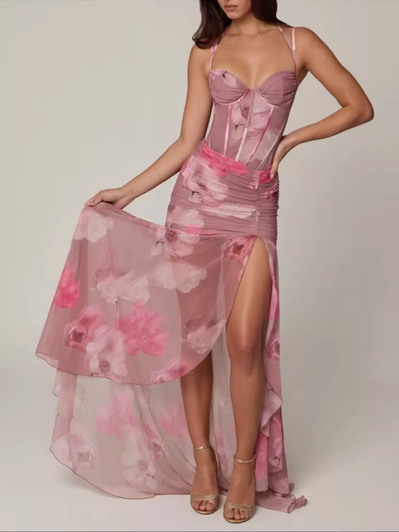 Ruched Mesh Slit Maxi Dress