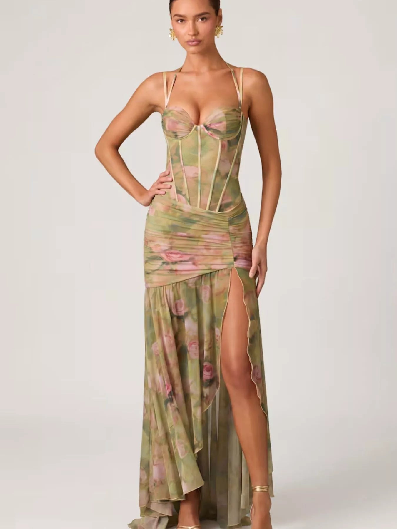 Ruched Mesh Slit Maxi Dress