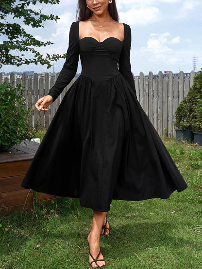 Sweetheart Neckline Long Sleeve A-Line Midi Dress