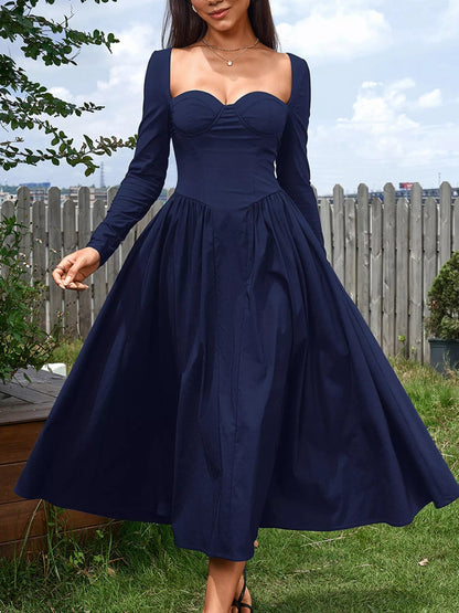 Sweetheart Neckline Long Sleeve A-Line Midi Dress