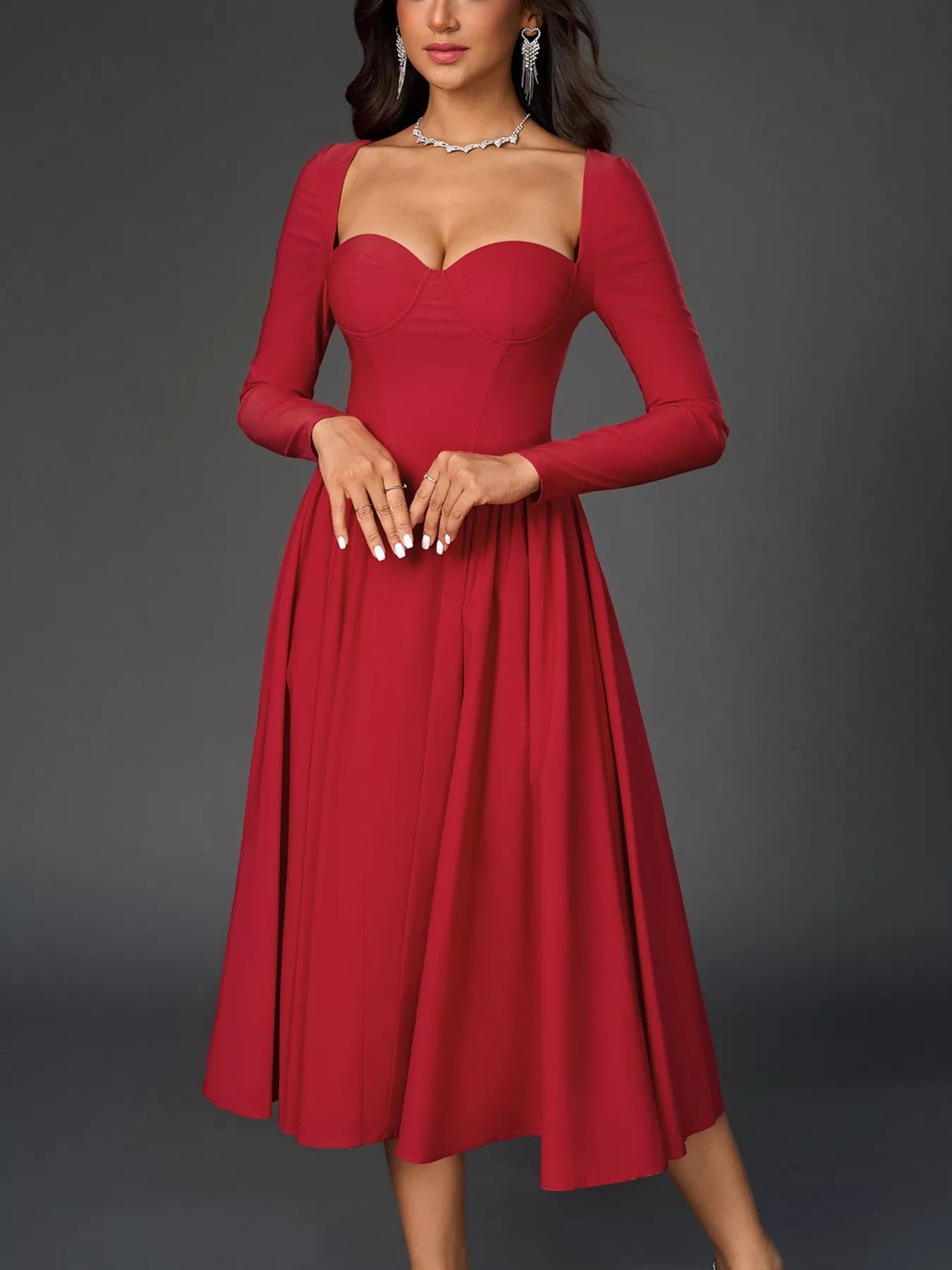 Sweetheart Neckline Long Sleeve A-Line Midi Dress