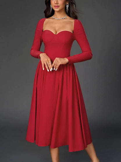 Sweetheart Neckline Long Sleeve A-Line Midi Dress