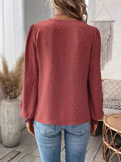 Swiss Dot Lace Detail Long Sleeve Blouse