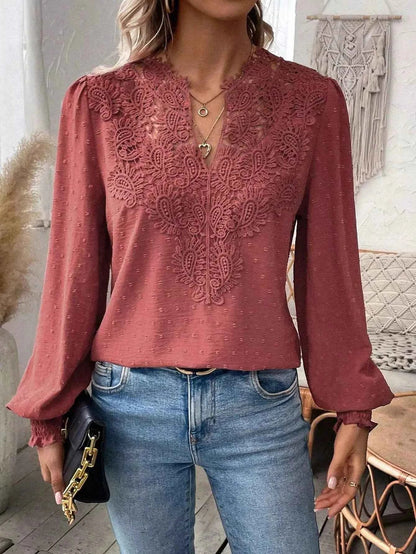 Swiss Dot Lace Detail Long Sleeve Blouse
