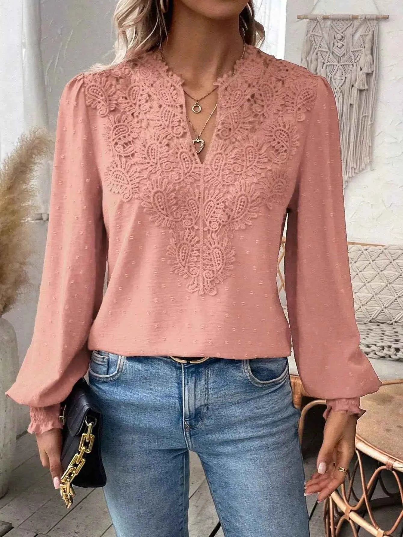 Swiss Dot Lace Detail Long Sleeve Blouse