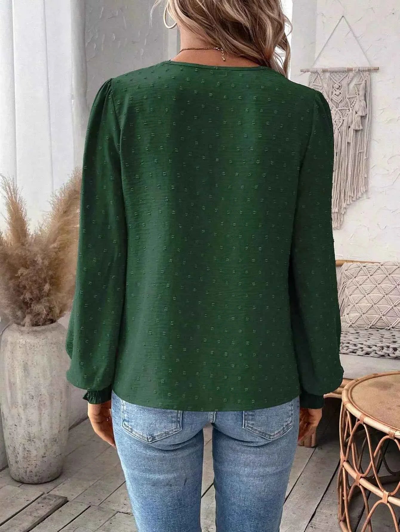 Swiss Dot Lace Detail Long Sleeve Blouse