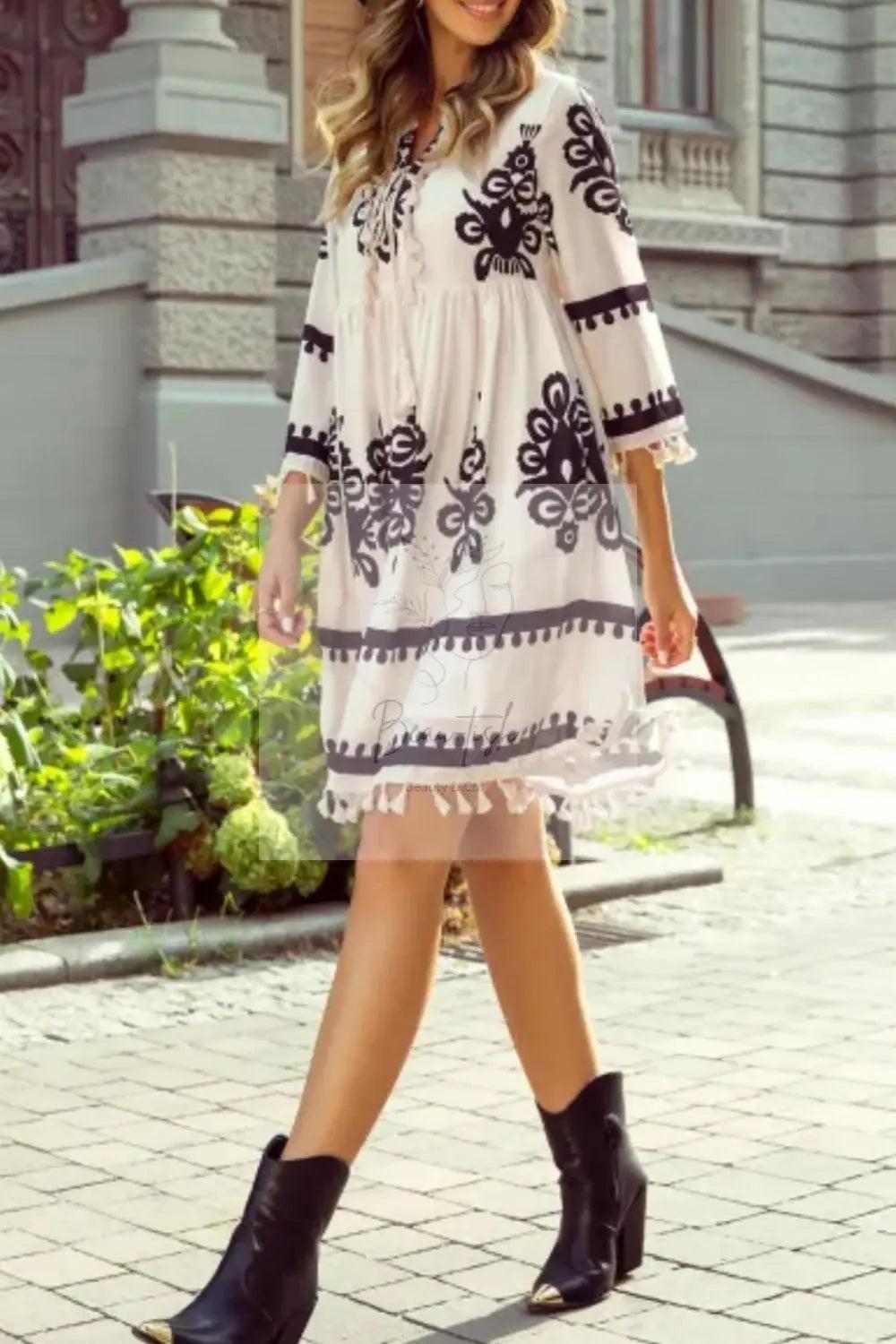 Tassel Hem 3/4 Sleeve Mini Dress