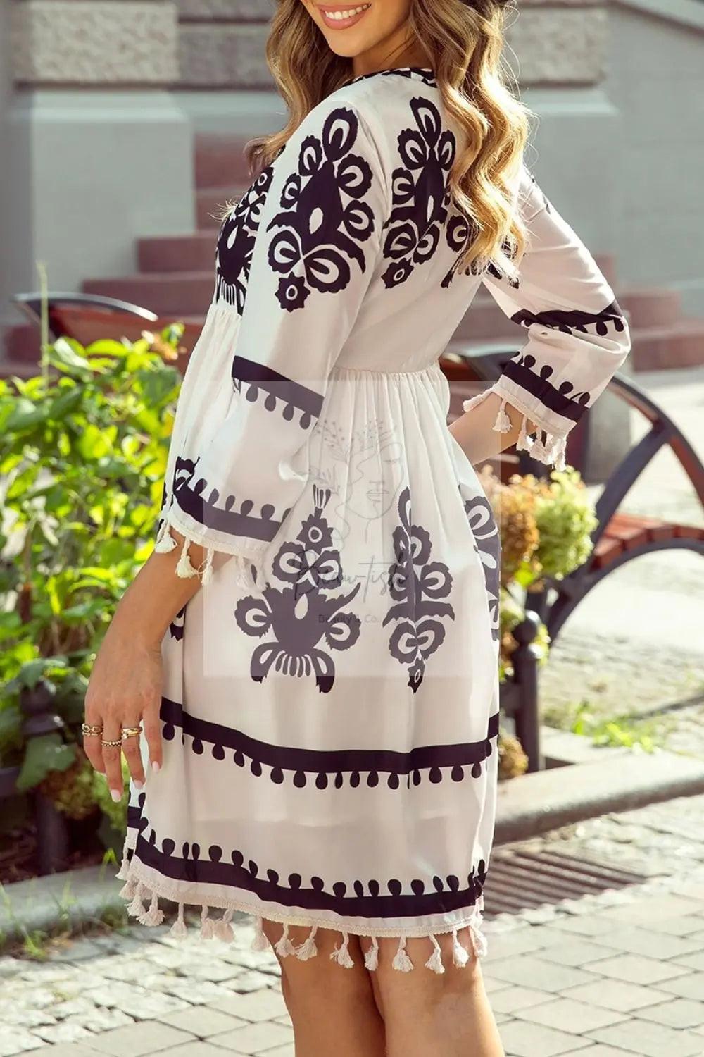 Tassel Hem 3/4 Sleeve Mini Dress