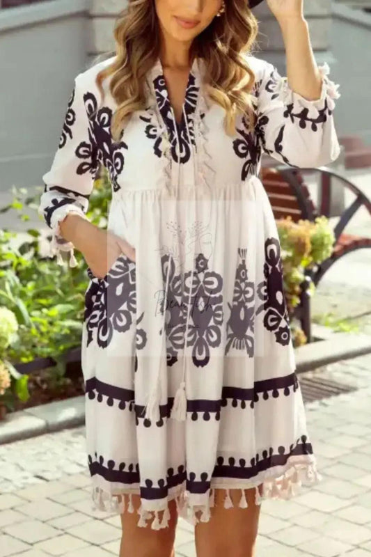 Tassel Hem 3/4 Sleeve Mini Dress