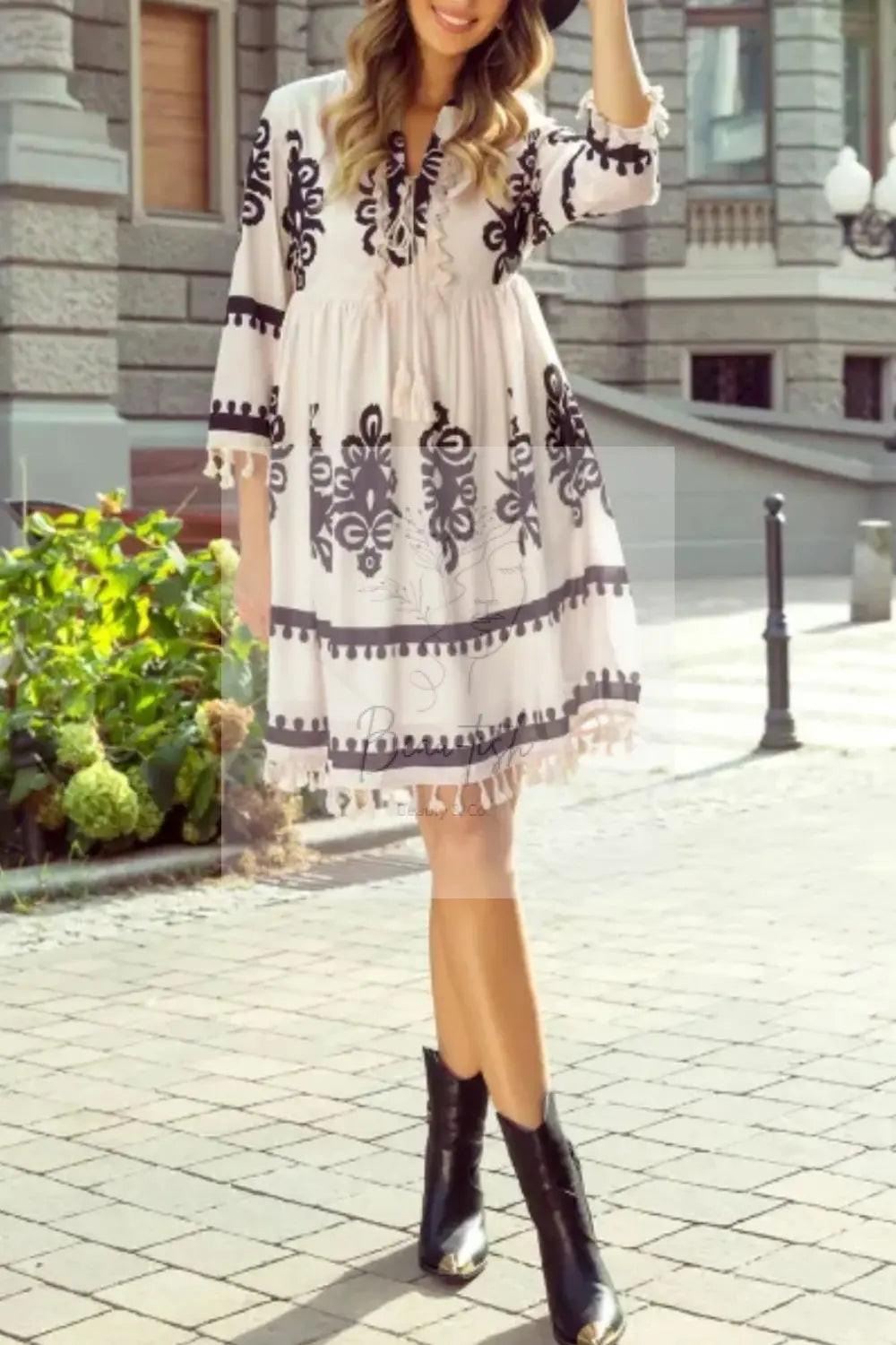 Tassel Hem 3/4 Sleeve Mini Dress