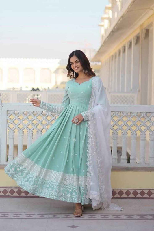 Green Pista Faux Georgette Party Wear Anarkali Embroidery Suit Set