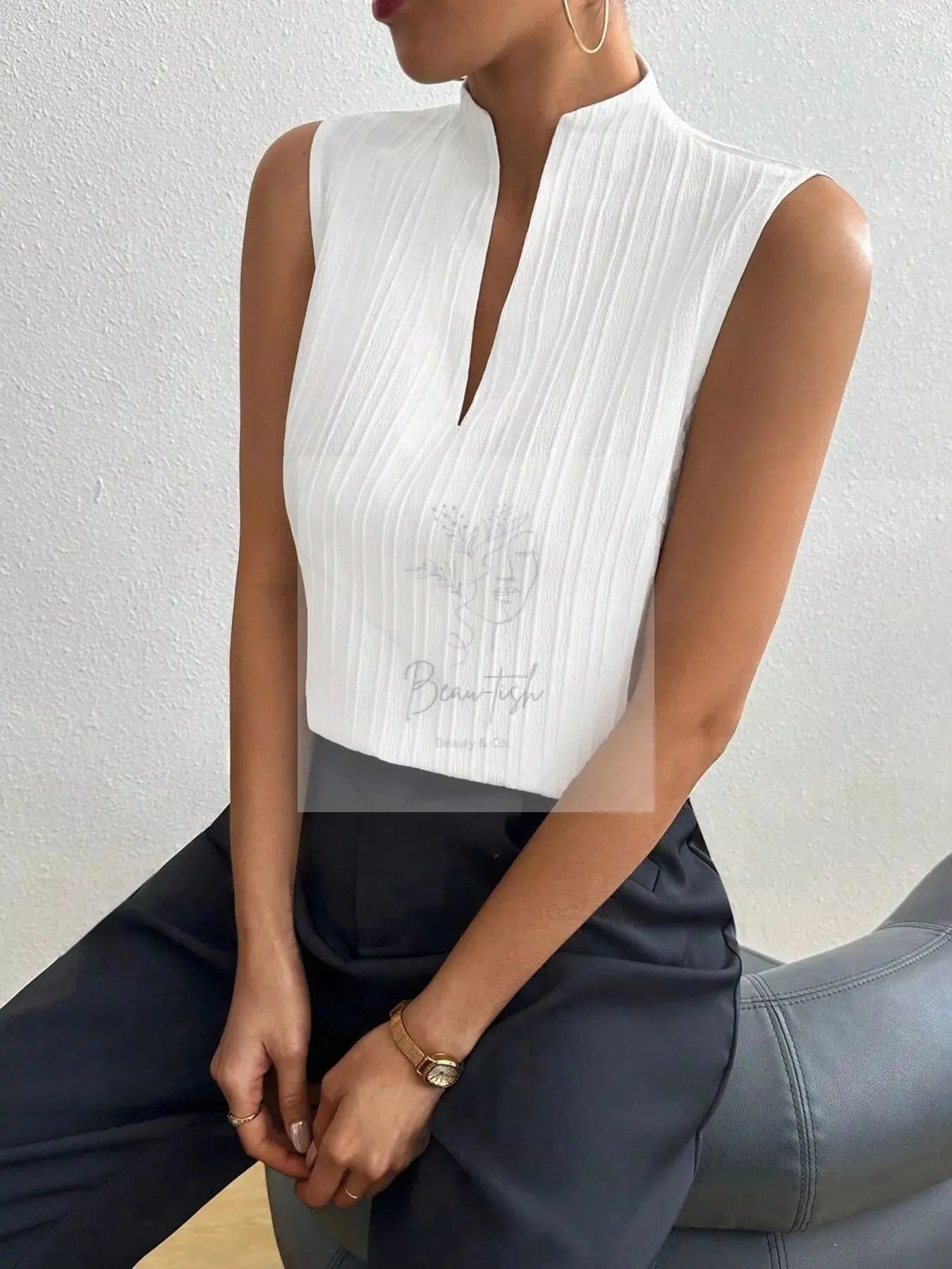Texture Notched Sleeveless Top