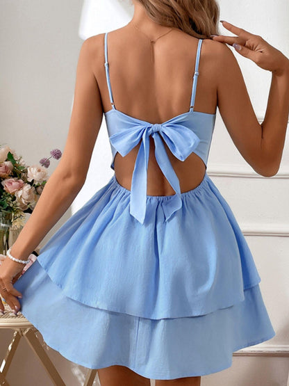 Tie Back Layered Ruffle Hem Mini Dress