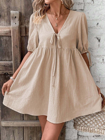 Tie Front Puff Sleeve Mini Dress