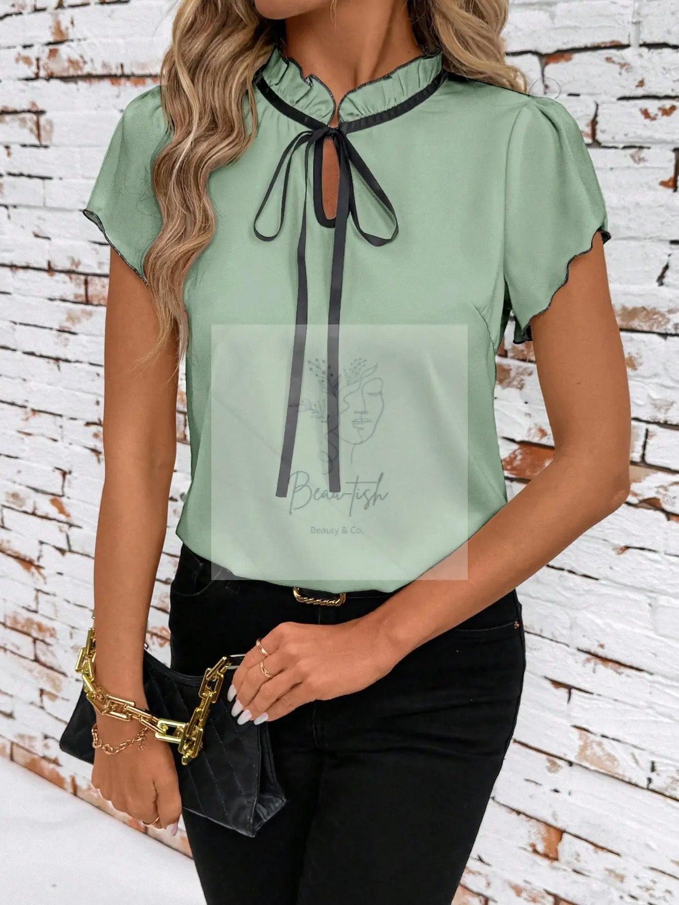 Tie Neck Short Sleeve Blouse