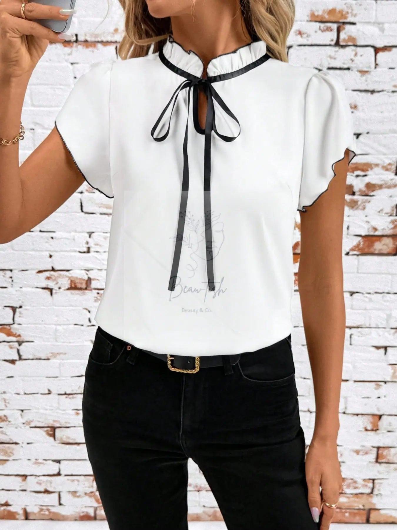 Tie Neck Short Sleeve Blouse