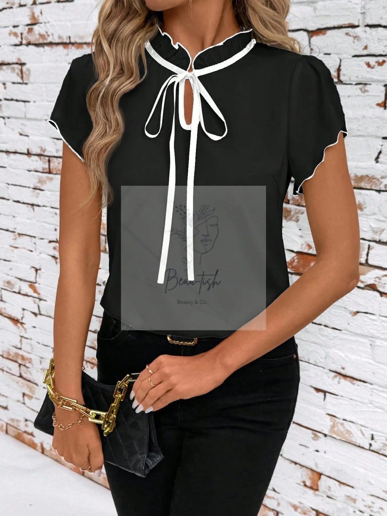 Tie Neck Short Sleeve Blouse