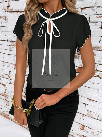 Tie Neck Short Sleeve Blouse