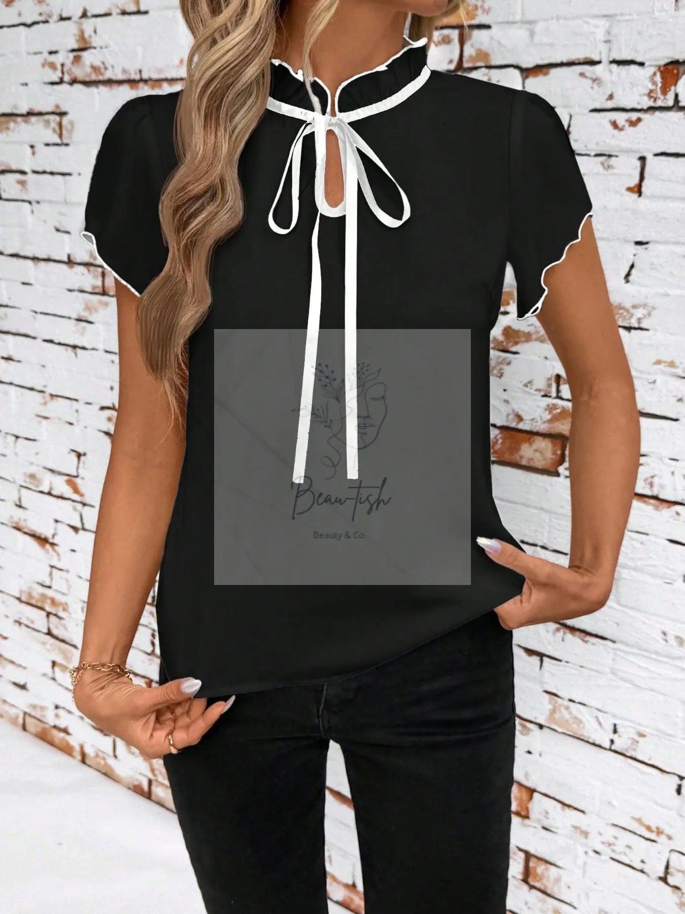 Tie Neck Short Sleeve Blouse