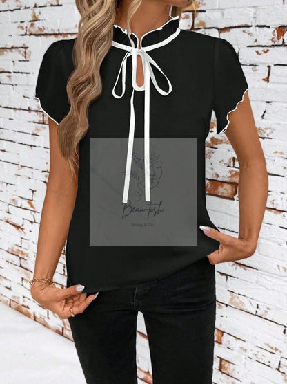 Tie Neck Short Sleeve Blouse