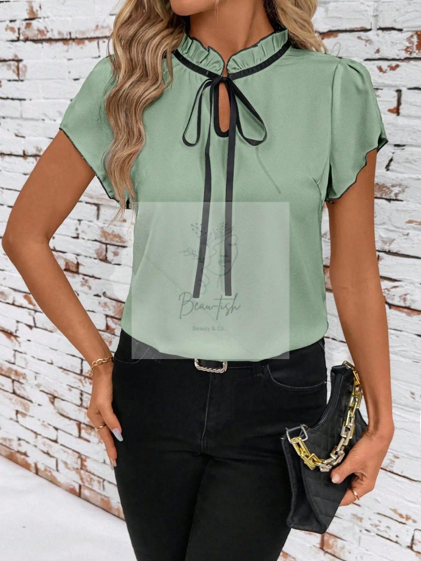 Tie Neck Short Sleeve Blouse