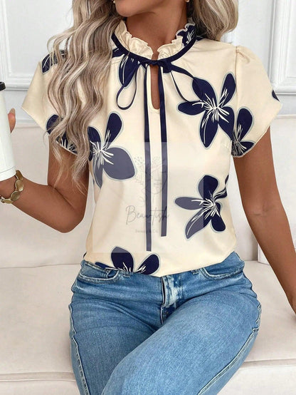 Tie Neck Short Sleeve Blouse