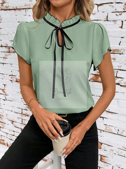 Tie Neck Short Sleeve Blouse