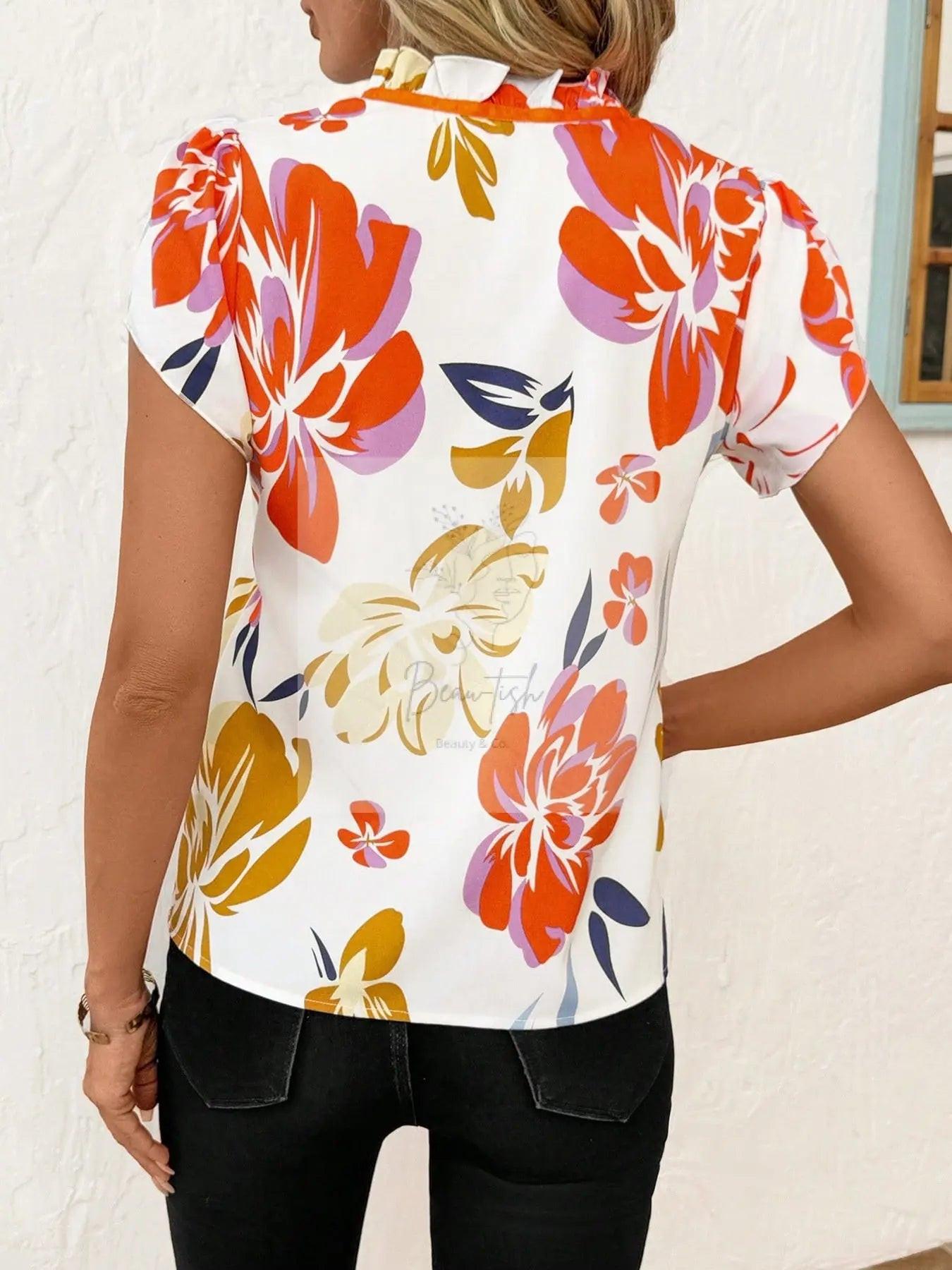 Tie Neck Short Sleeve Blouse