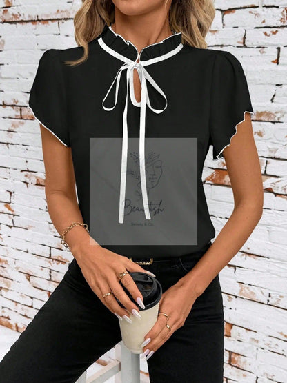 Tie Neck Short Sleeve Blouse