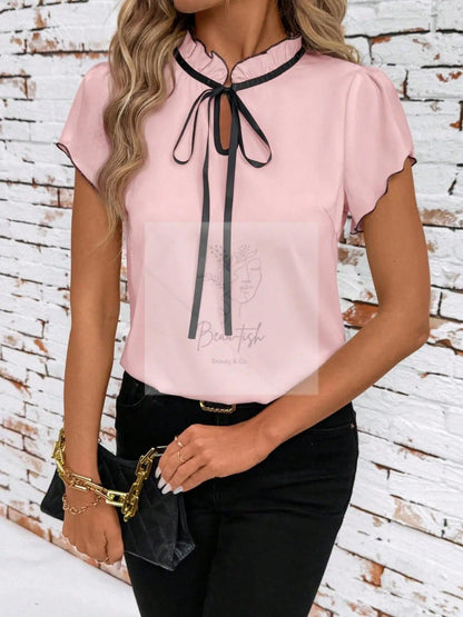 Tie Neck Short Sleeve Blouse