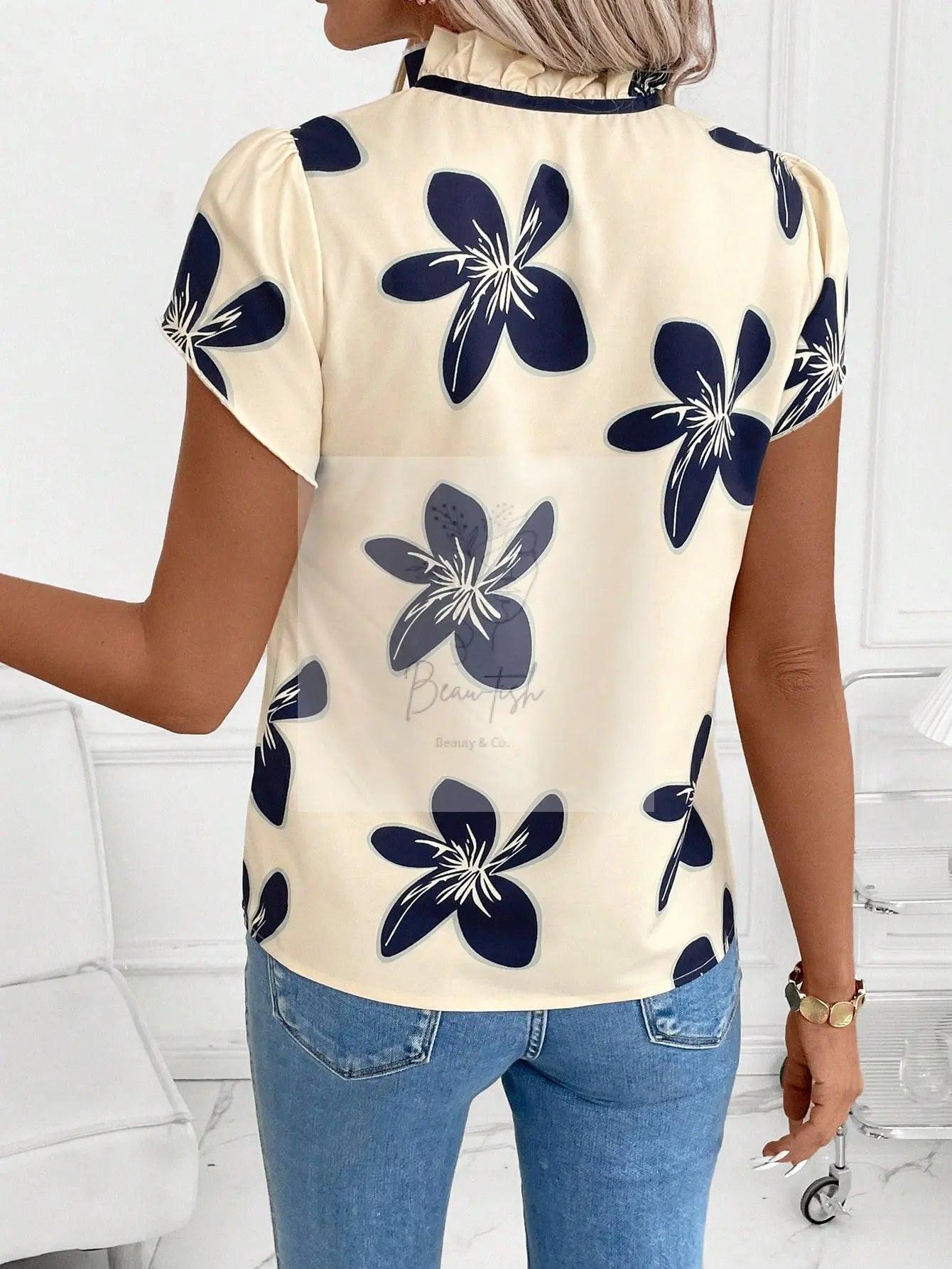Tie Neck Short Sleeve Blouse