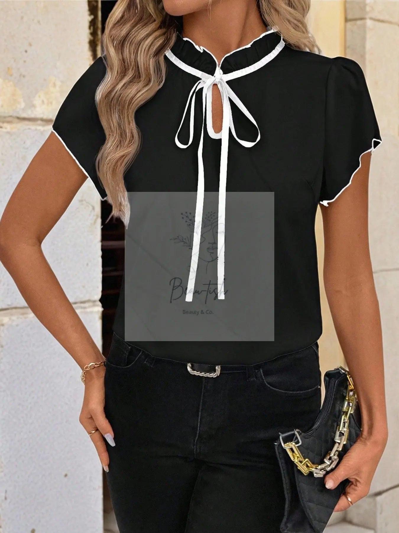 Tie Neck Short Sleeve Blouse