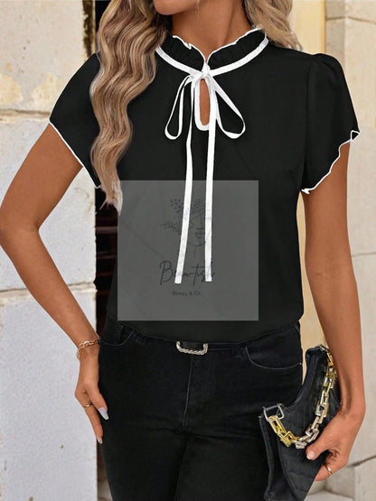 Tie Neck Short Sleeve Blouse