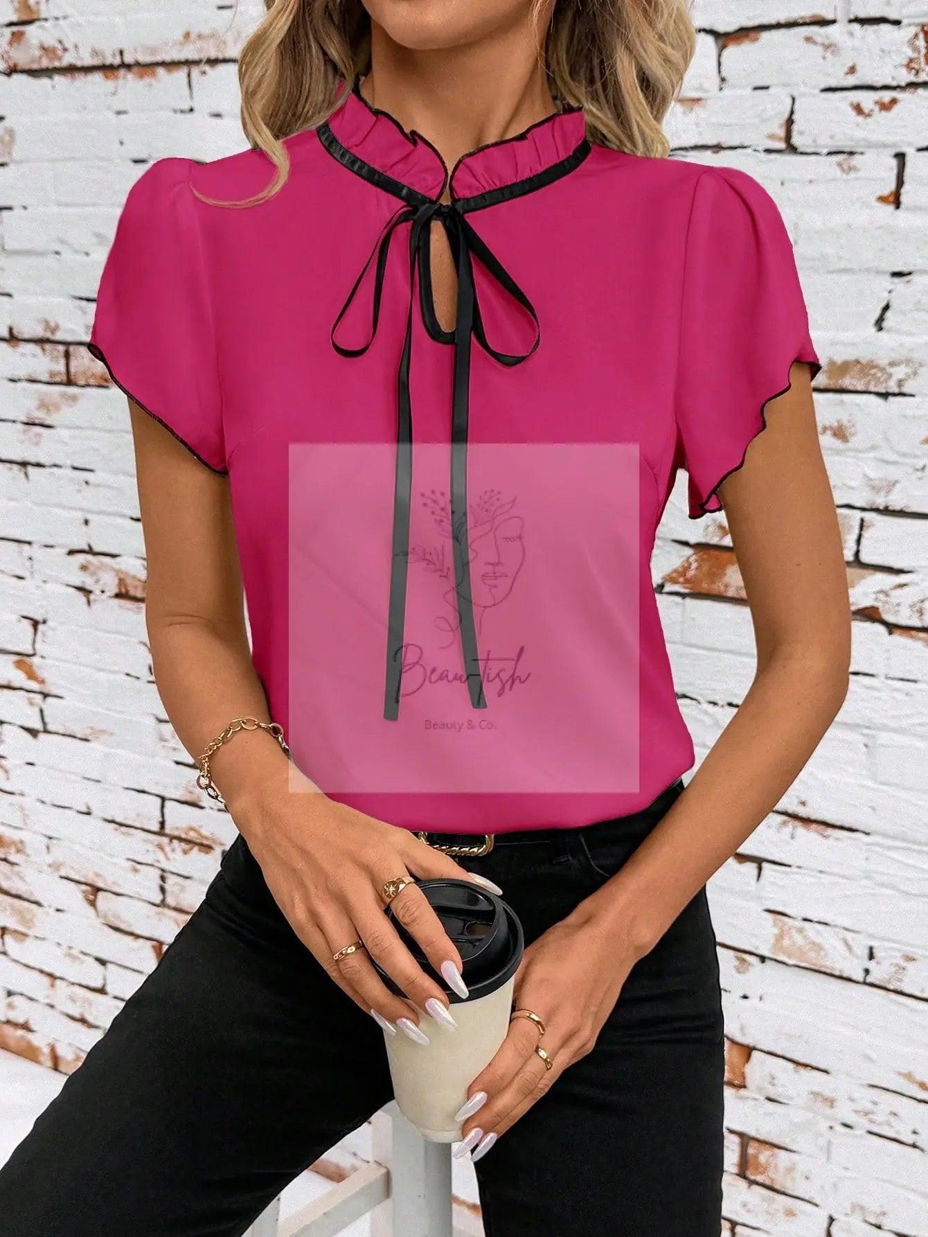 Tie Neck Short Sleeve Blouse