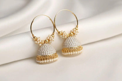 Traditional Gold Plated Enamelled White Jhumka And Hoop Baali Earring