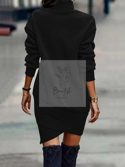 Turtleneck Long Sleeve Asymmetrical Hem Mini Dress