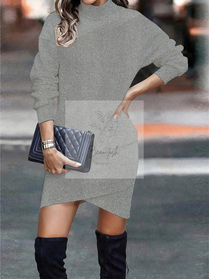 Turtleneck Long Sleeve Asymmetrical Hem Mini Dress