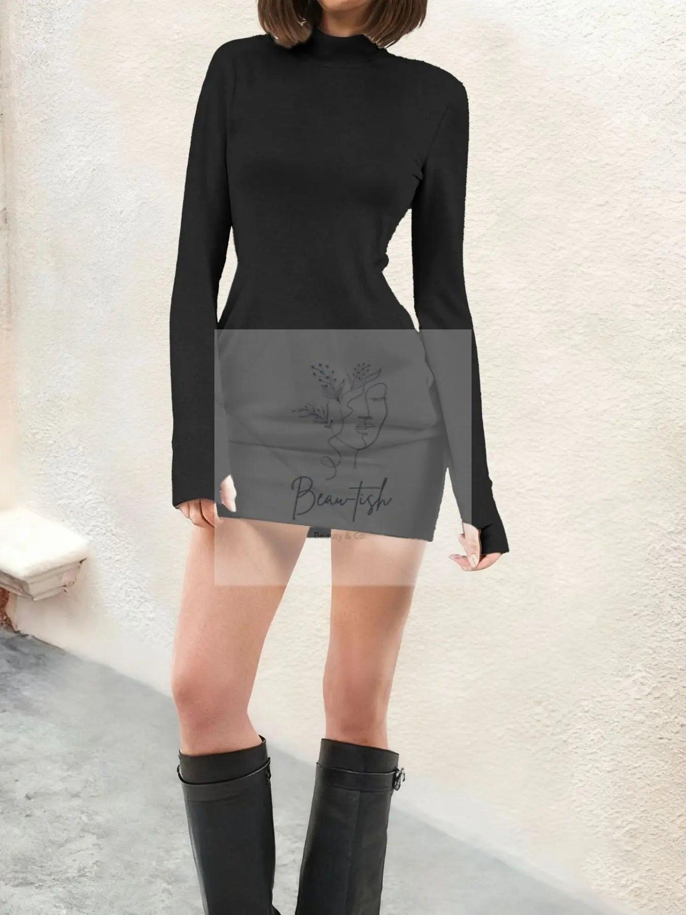 Turtleneck Long Sleeve Mini Dress with Pockets