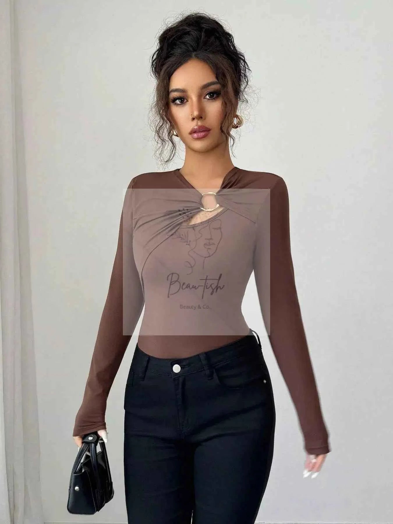 Twist Front Ring Detail Long Sleeve T-Shirt